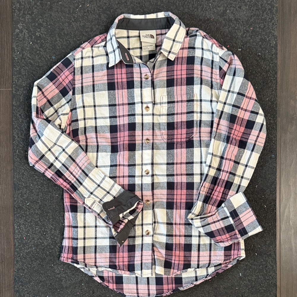 The North Face Pink and Navy Plaid Flannel Shirt - Small